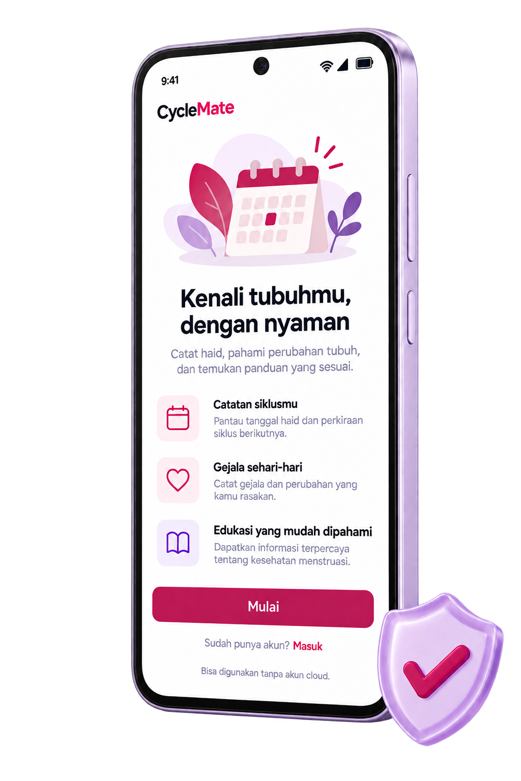 Mockup ponsel CycleMate menampilkan halaman pengenalan berbahasa Indonesia, dengan shield di samping perangkat